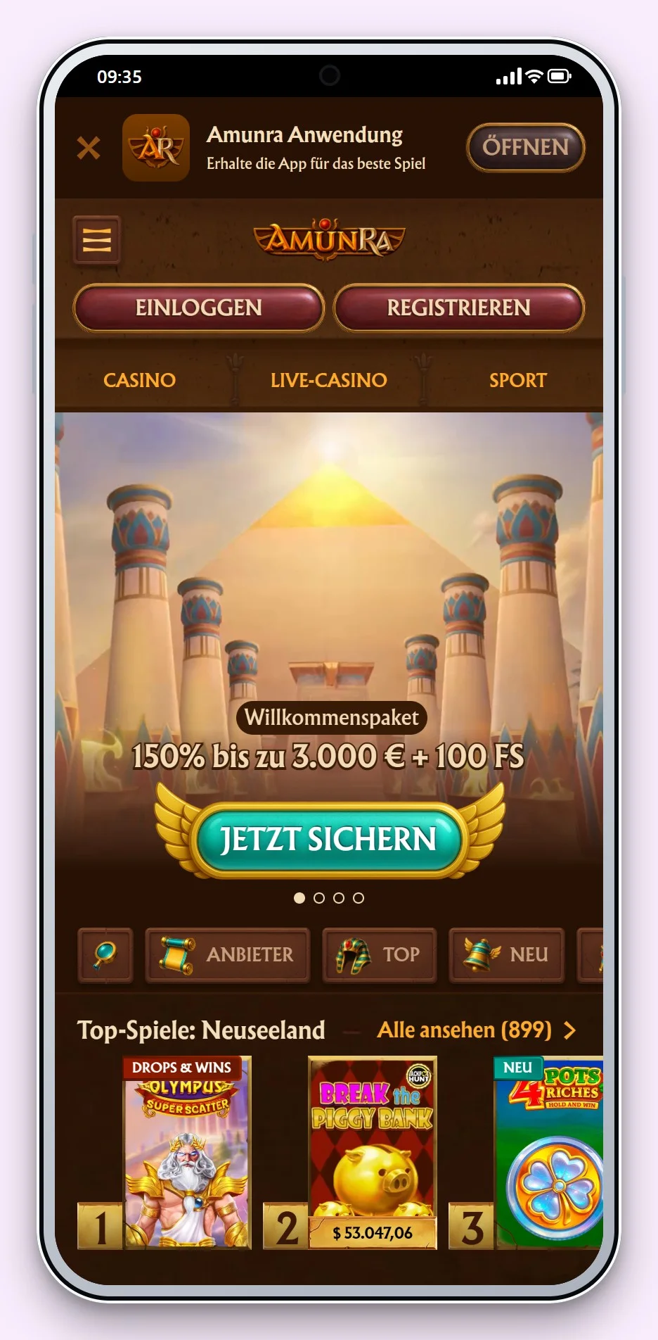 mga casino: AmunRa auf dem Smartphone, die Lobby
