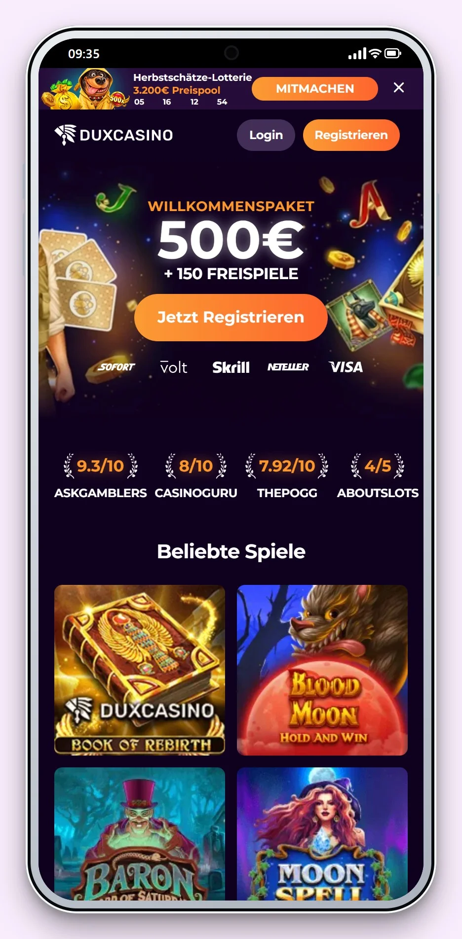 mga lizenz casino: Dux Casino auf dem Smartphone, die Lobby