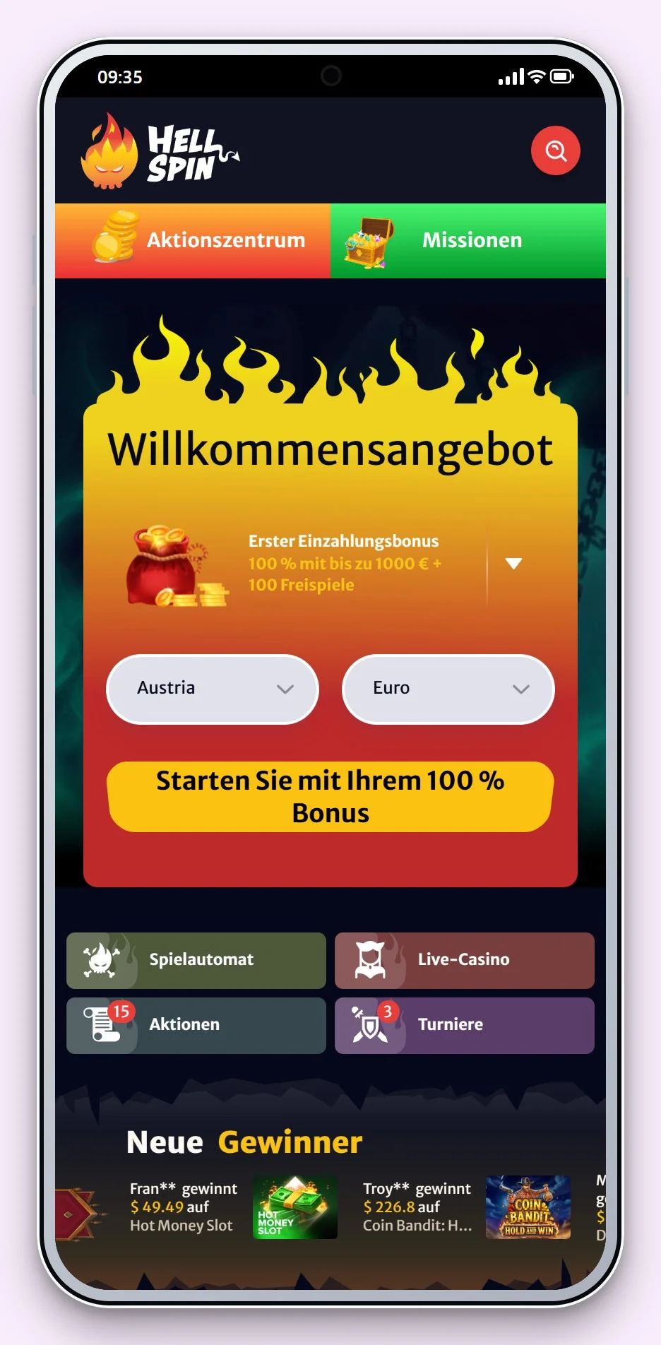 mga online casino: HellSpin auf dem Smartphone, die Lobby