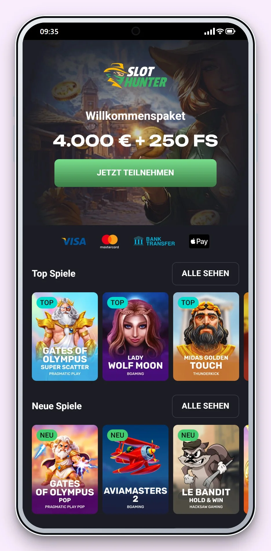 casino mga: SlotHunter auf dem Smartphone, die Lobby