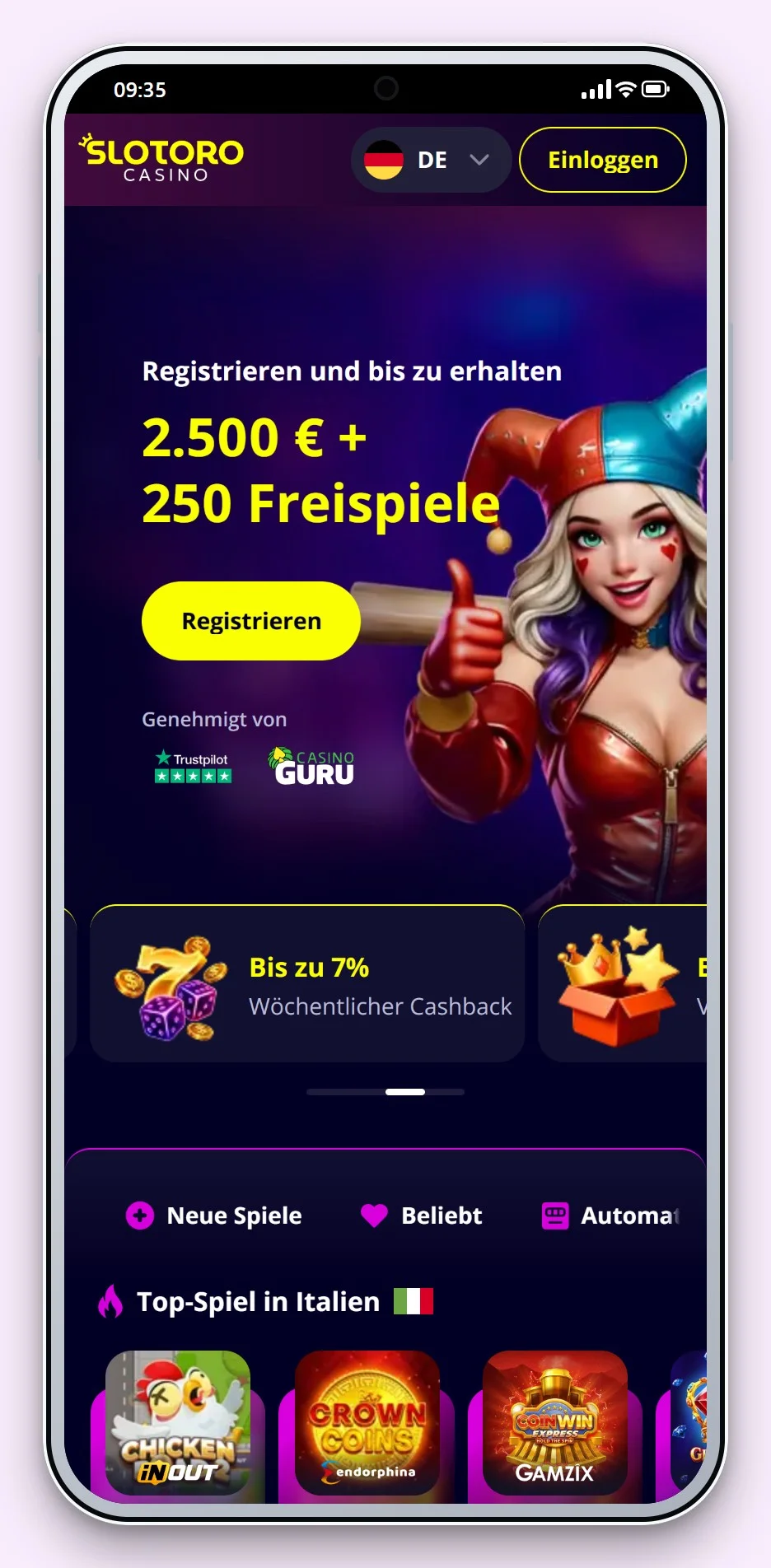 casinos mga: Slotoro auf dem Smartphone, die Lobby