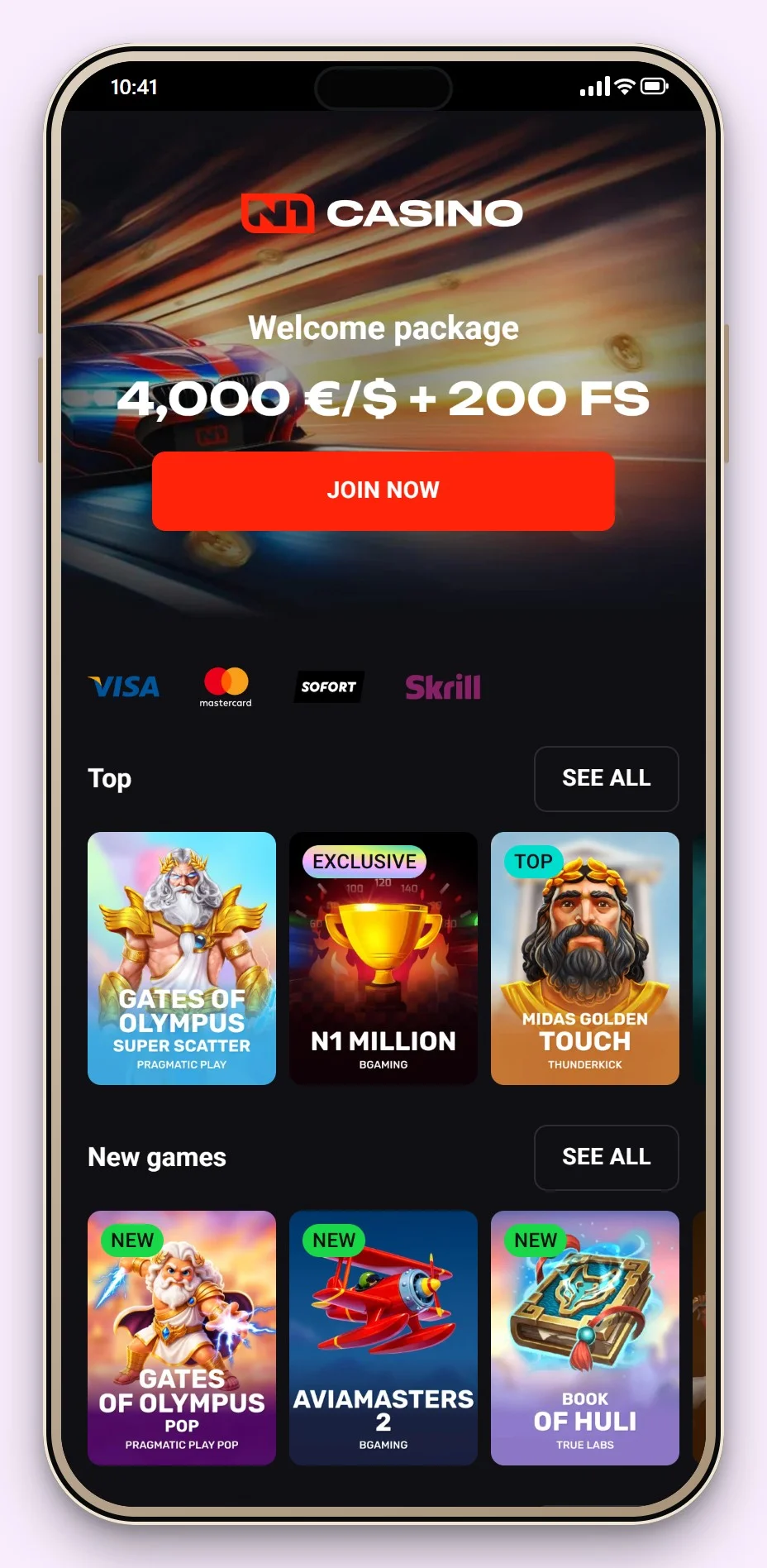 mga casinos: N1 Casino on a phone, the mobile lobby
