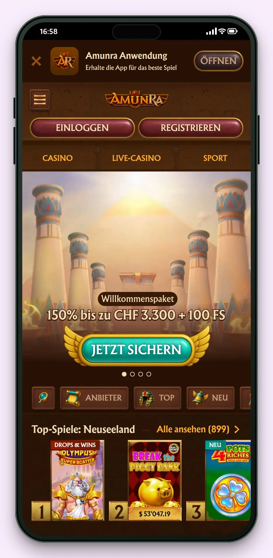 mga casinos: AmunRa auf dem Smartphone, die Lobby