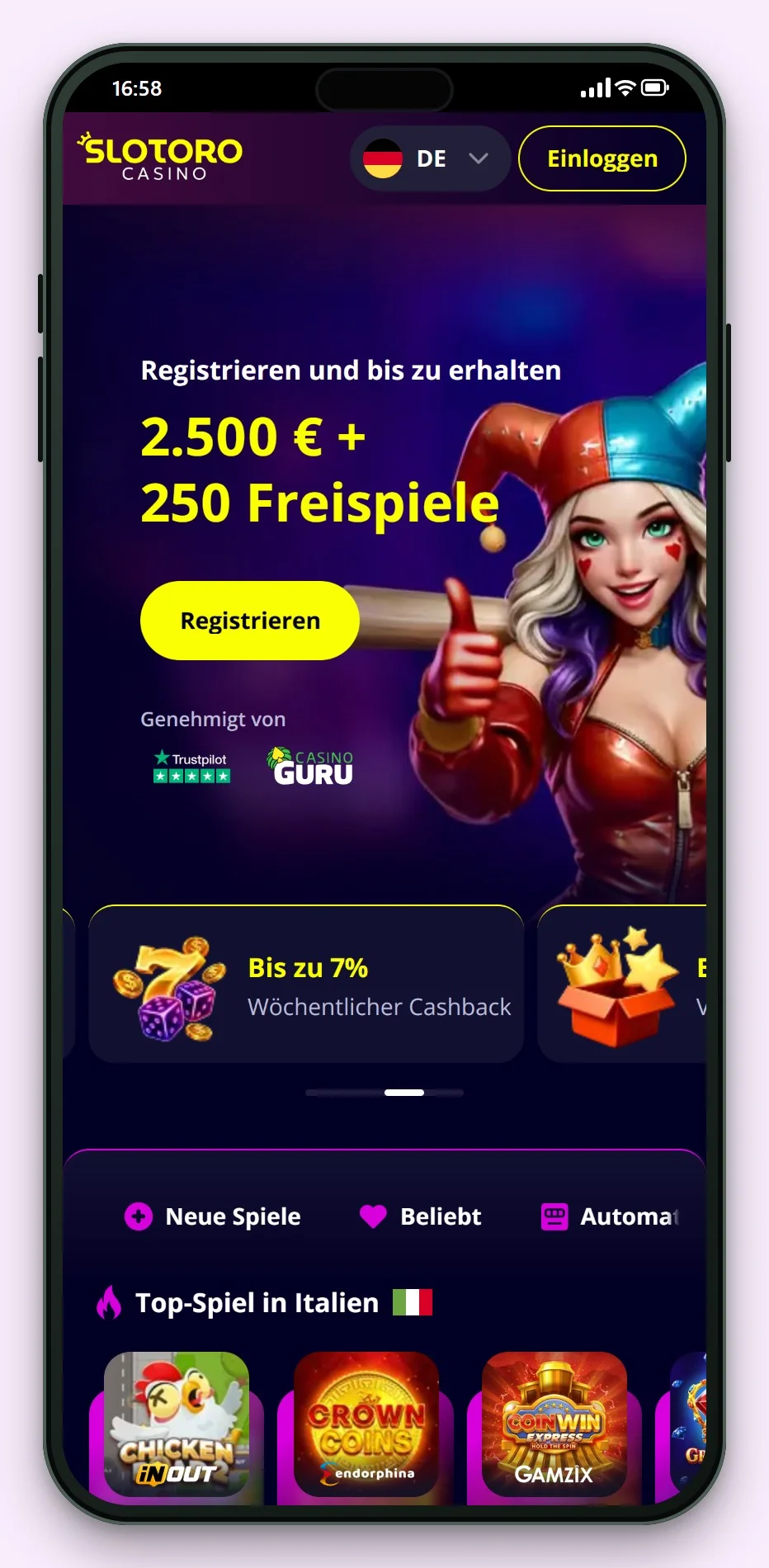 mga online casino: Slotoro auf dem Smartphone, die Lobby