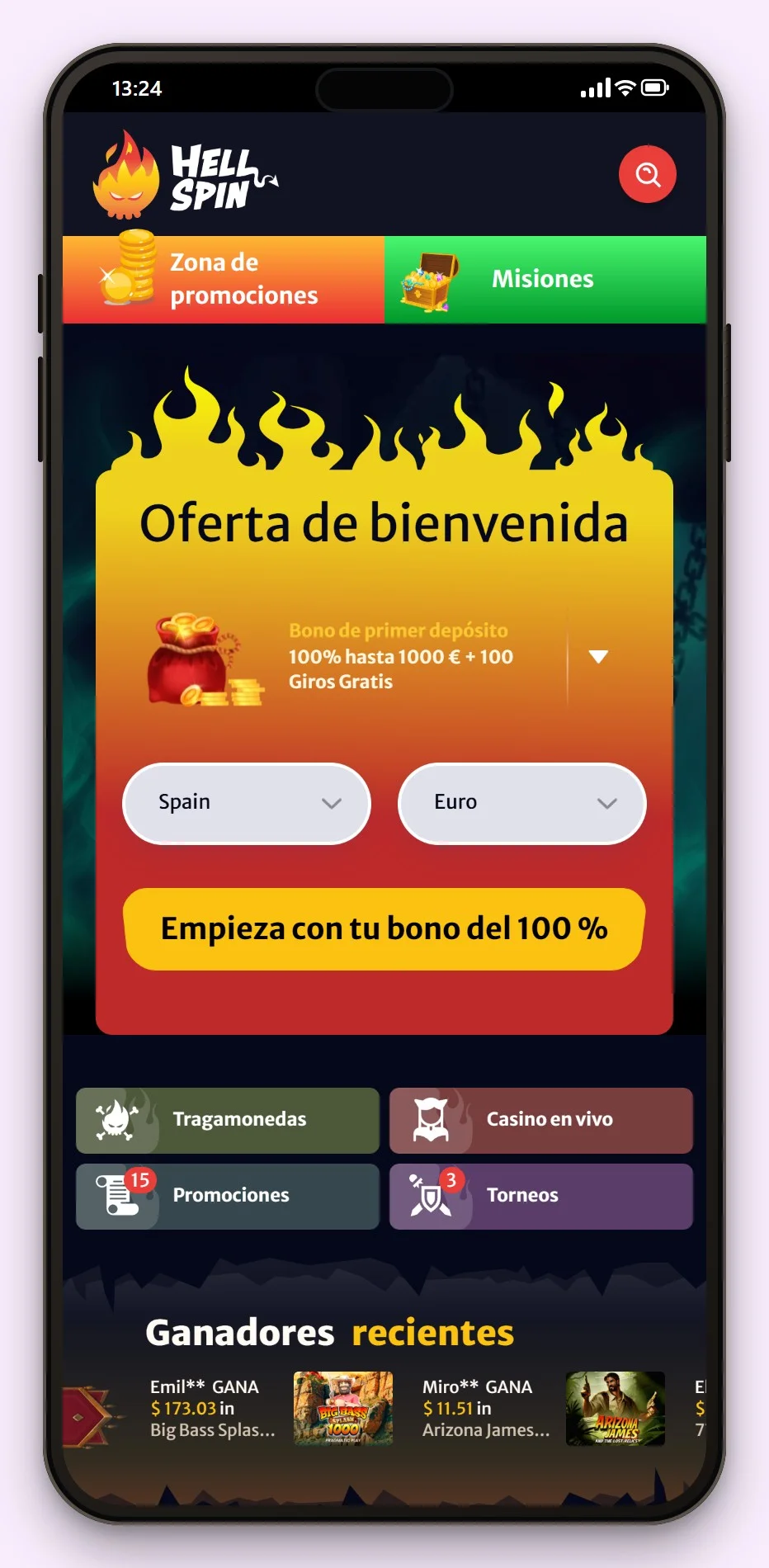 casinos MGA: HellSpin en el móvil, el lobby