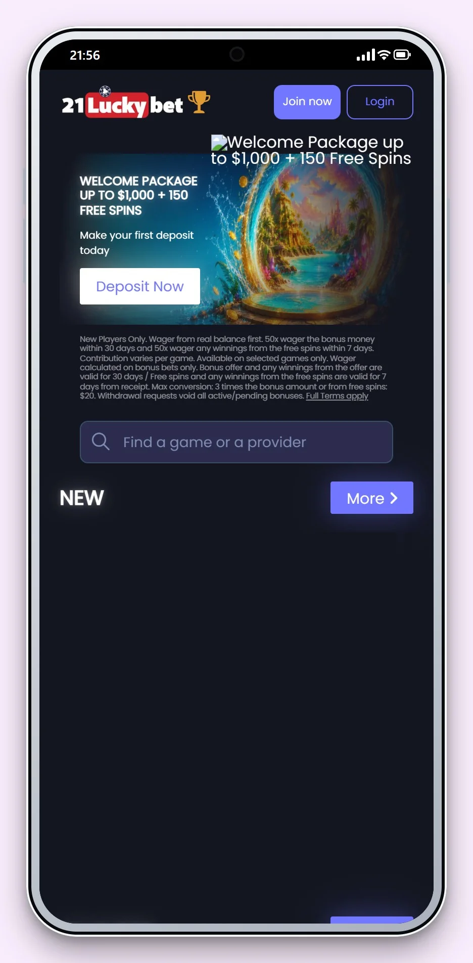 best online casinos malta: 21LuckyBet on a phone, the mobile lobby