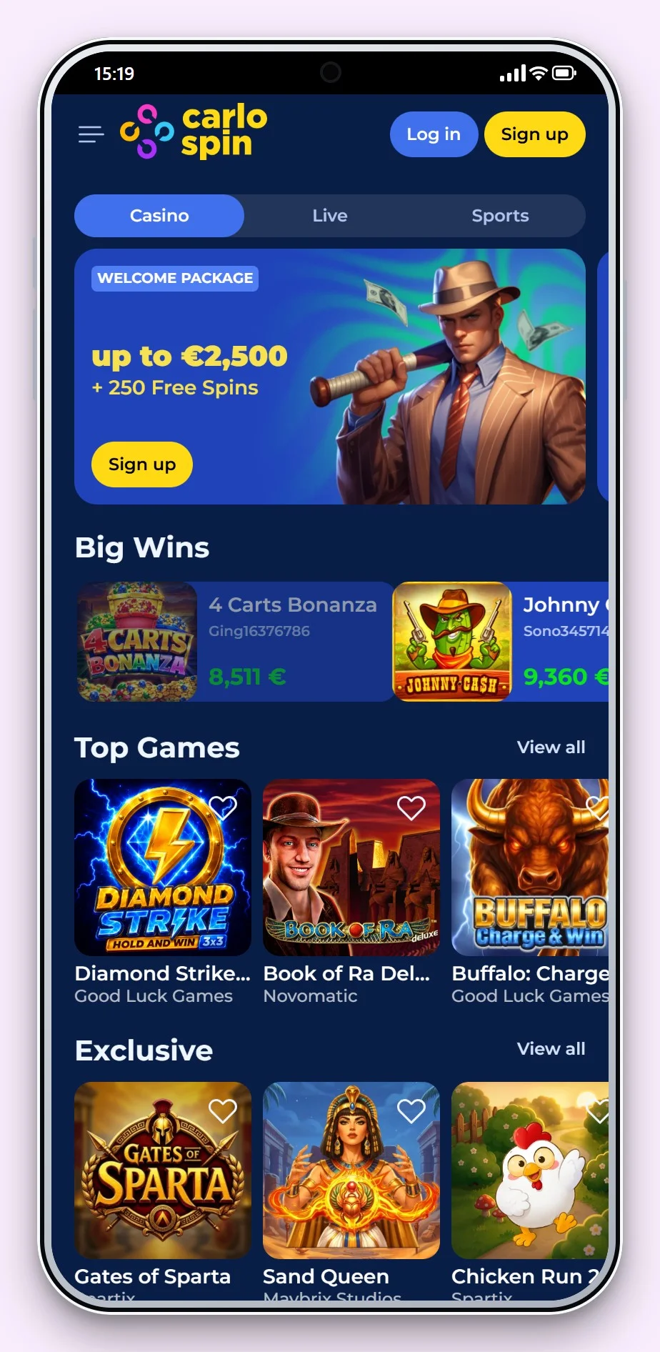 mga online casino: CarloSpin op je telefoon, de lobby