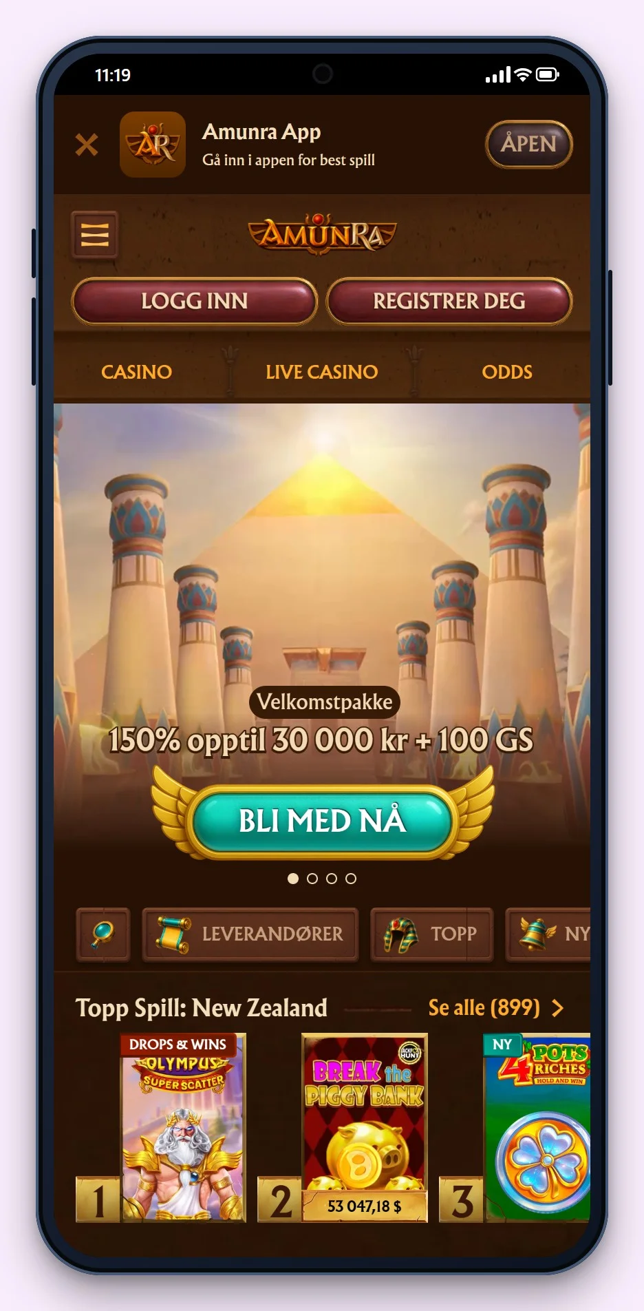 casino malta: AmunRa på smarttelefon, casinoets lobby