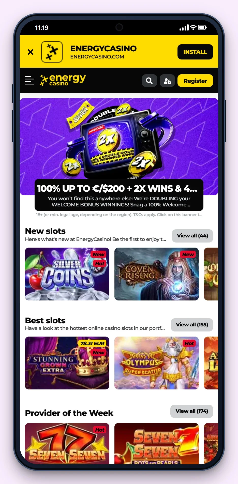mga casino bonus: EnergyCasino på mobil, lobbyen