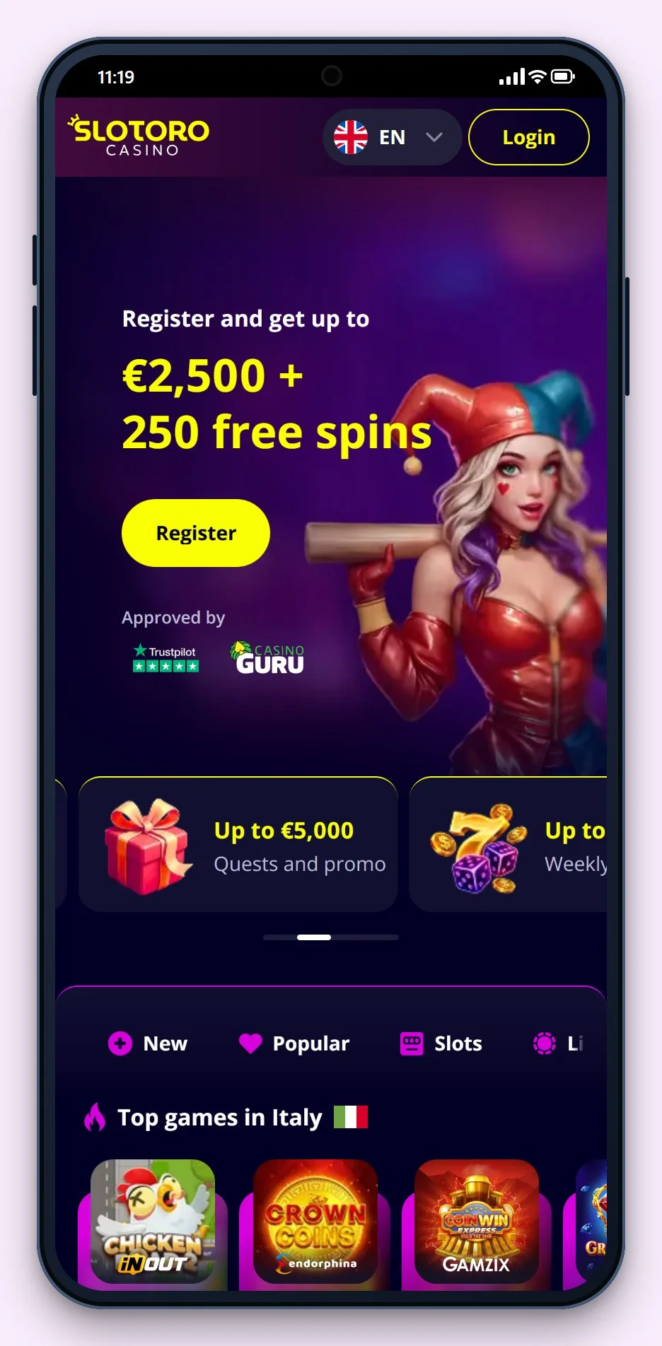 malta casino: Slotoro på smarttelefon, casinoets lobby