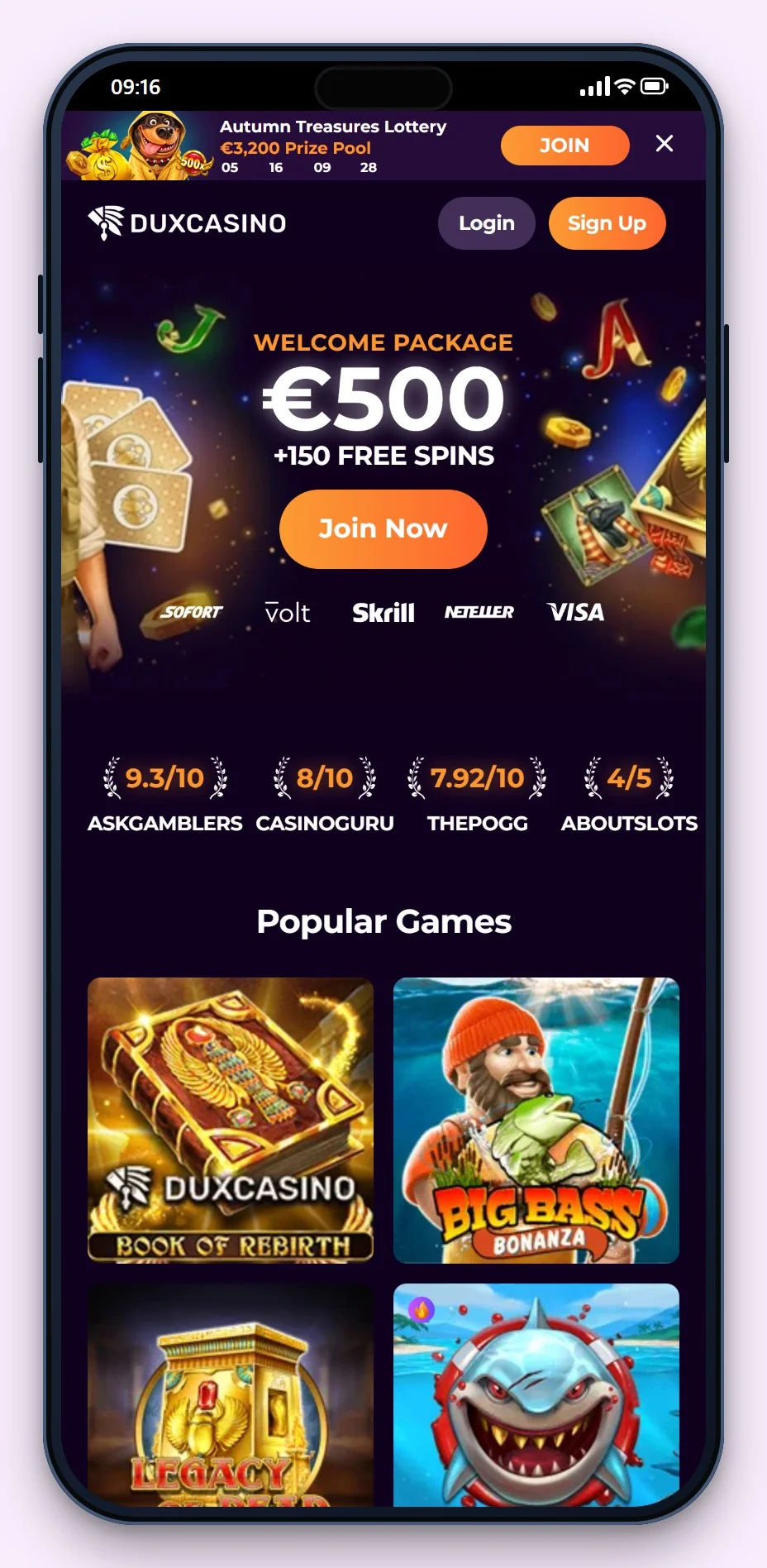 online casino Malta: Dux Casino no telemóvel, o lobby