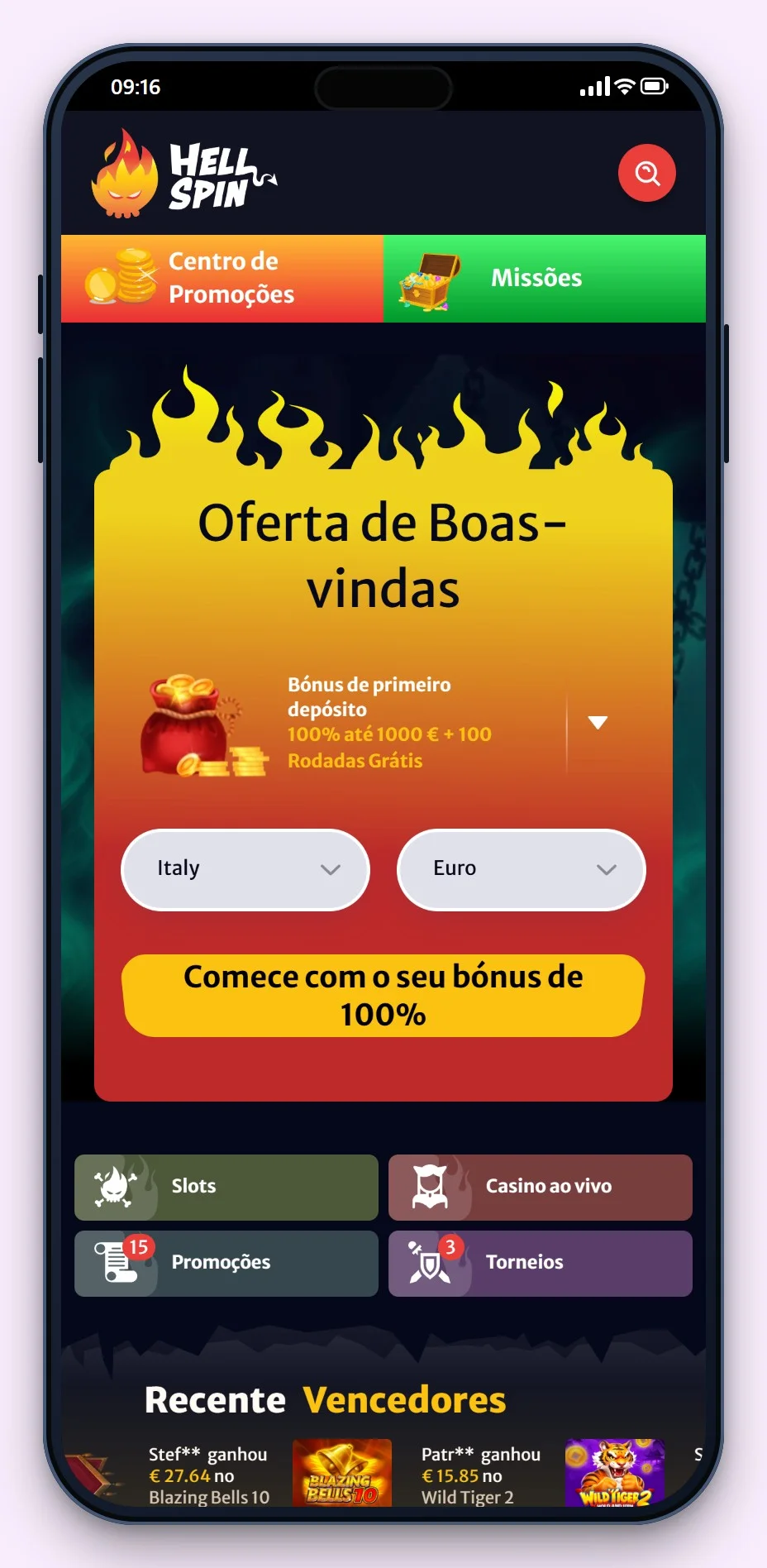 casino MGA: HellSpin no telemóvel, o lobby