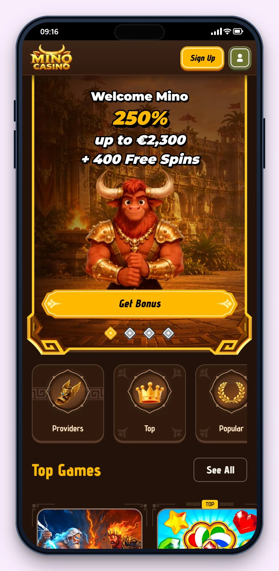 MGA online casino: Mino Casino no telemóvel, o lobby