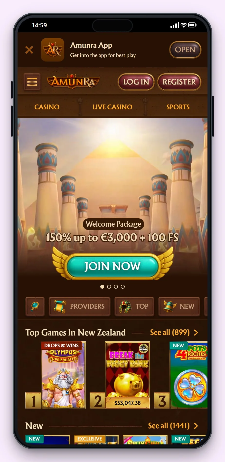 casino mga: AmunRa pe smartphone, lobby-ul cazinoului