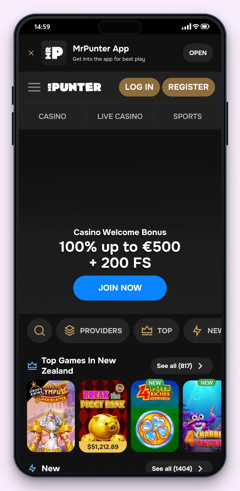malta casino: MrPunter pe mobil, lobby-ul