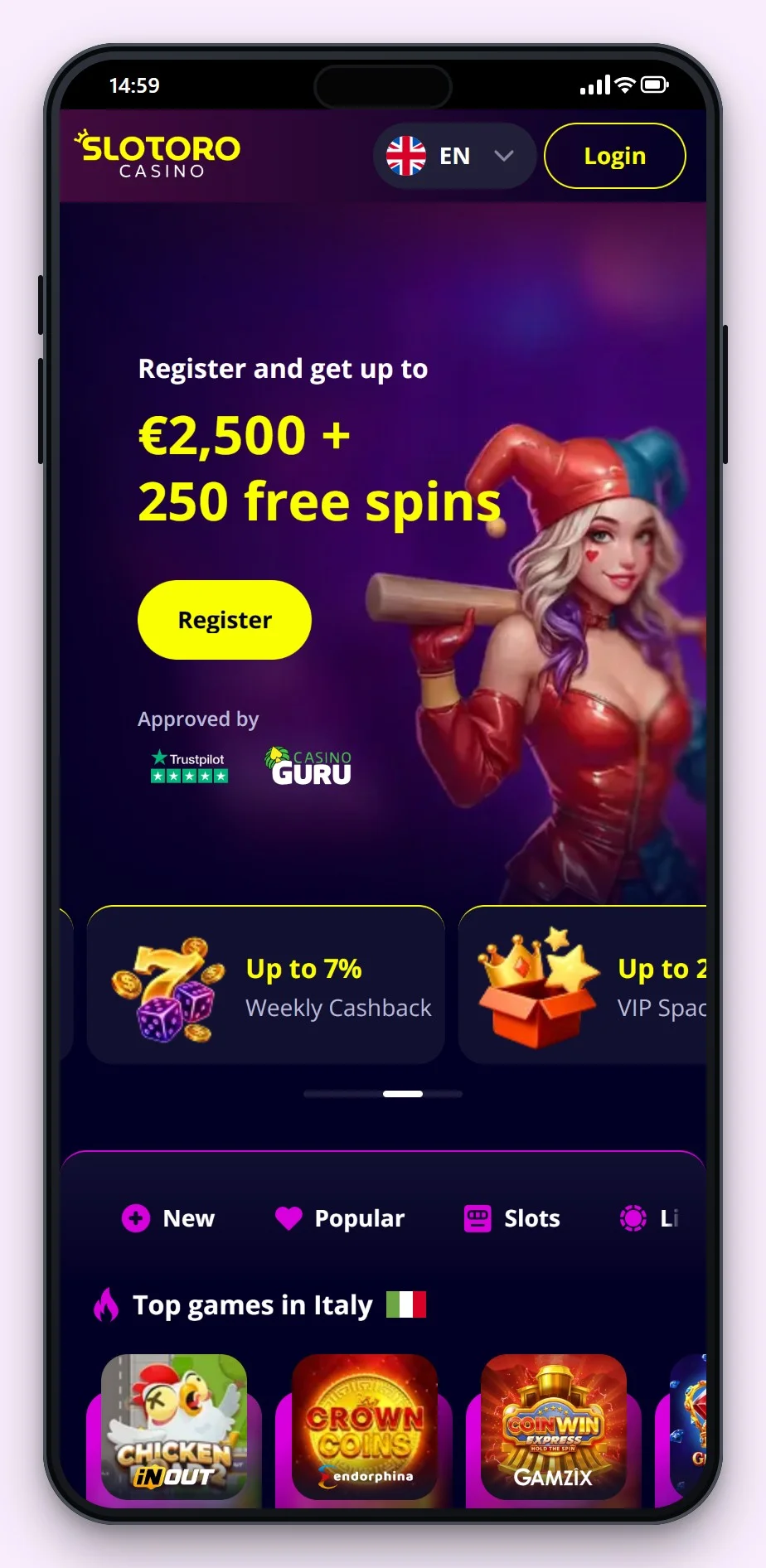 mga casino: Slotoro pe smartphone, lobby-ul cazinoului