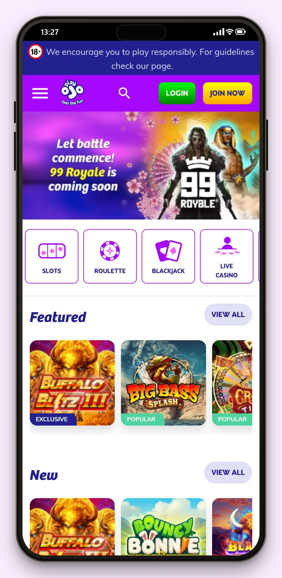 malta casinos for uk players: PlayOJO on a phone, the mobile lobby