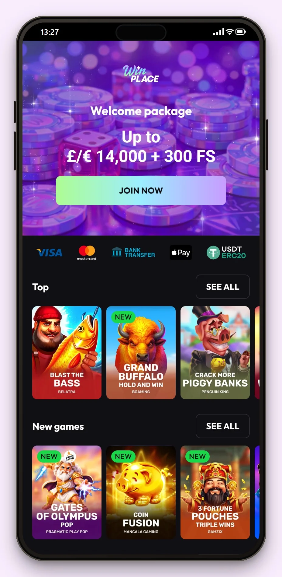 mga casinos: WinPlace on a phone, the mobile lobby