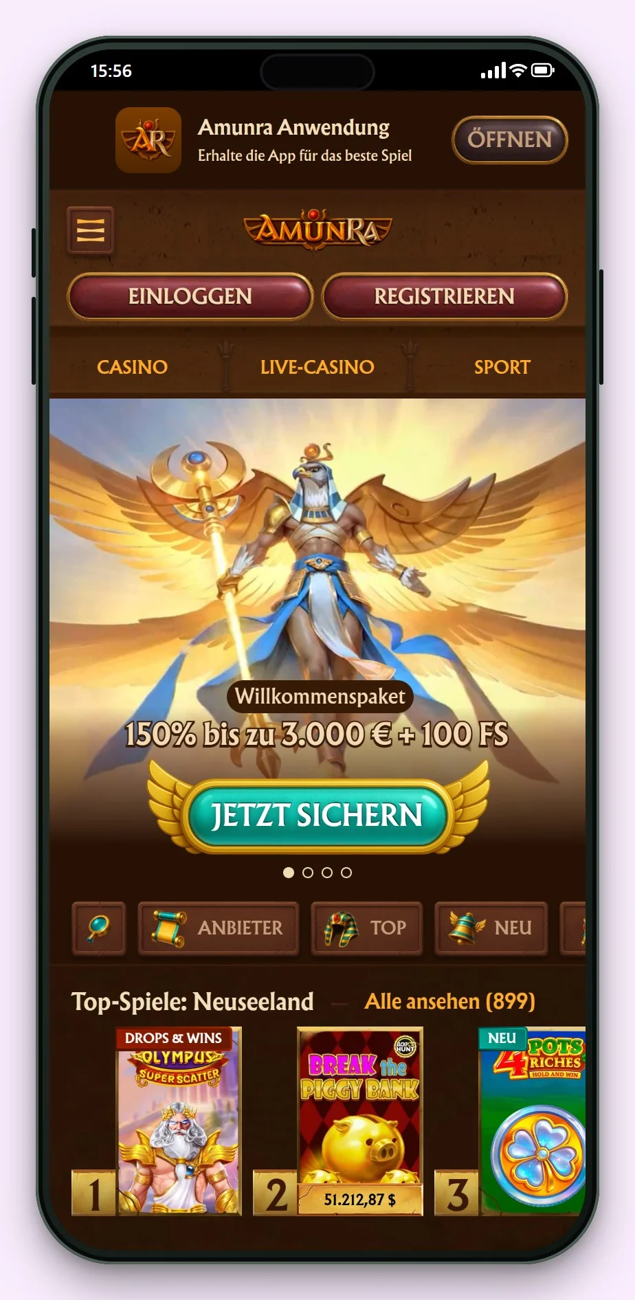 online casino malta: AmunRa auf dem Smartphone, die Lobby