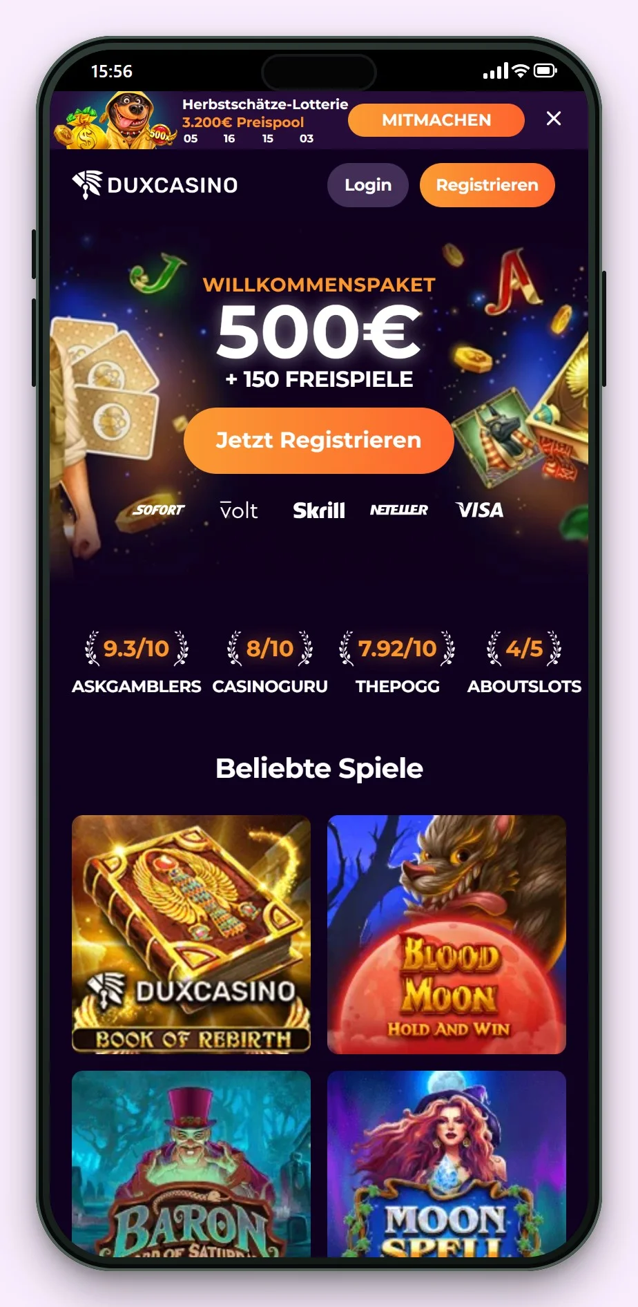 neue mga casinos: Dux Casino auf dem Smartphone, die Lobby