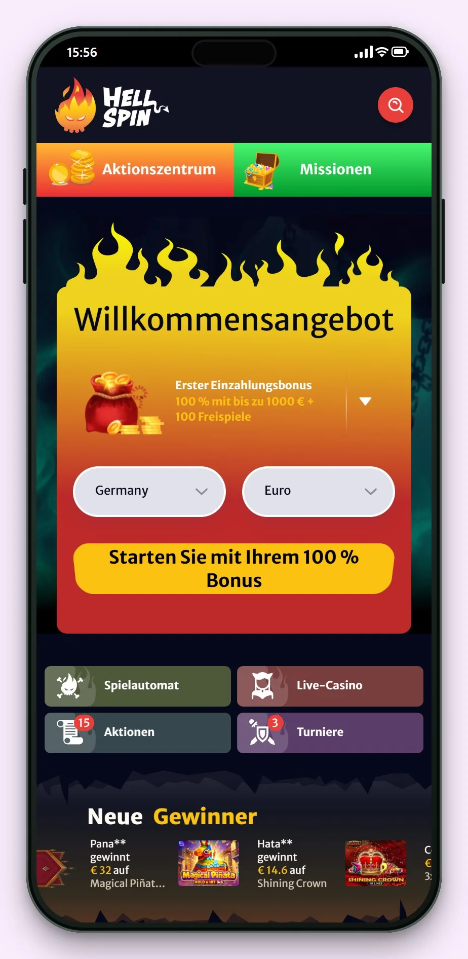 mga casino: HellSpin auf dem Smartphone, die Lobby