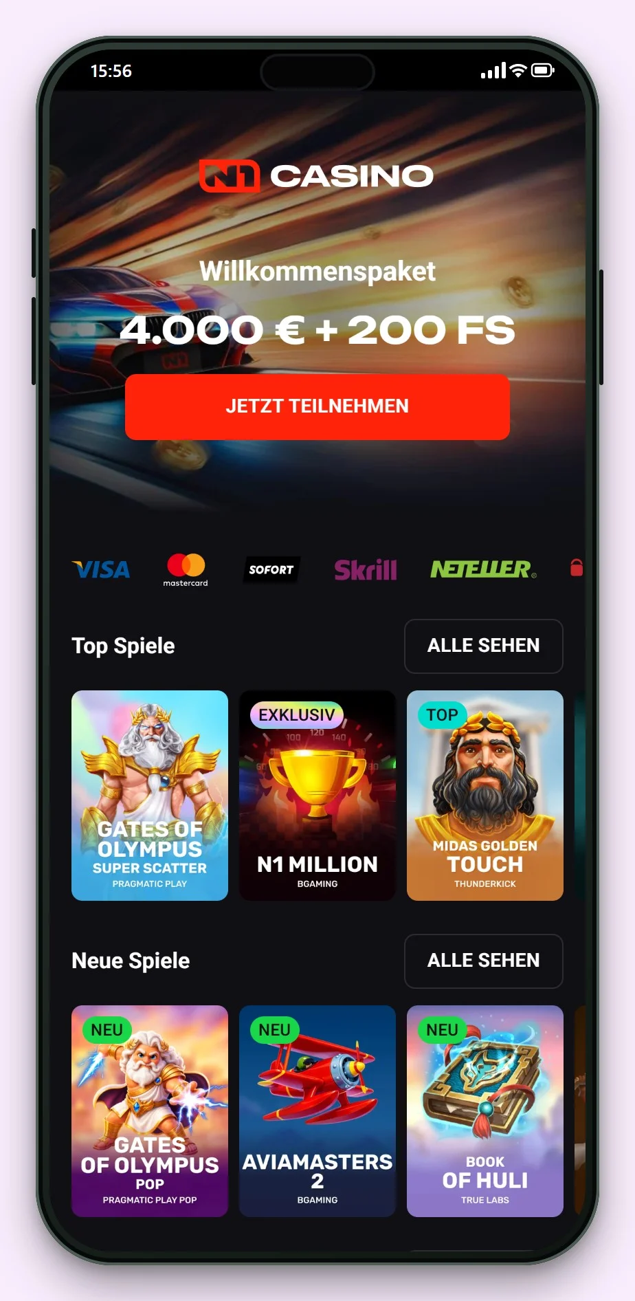 malta online casino: N1 Casino auf dem Smartphone, die Lobby