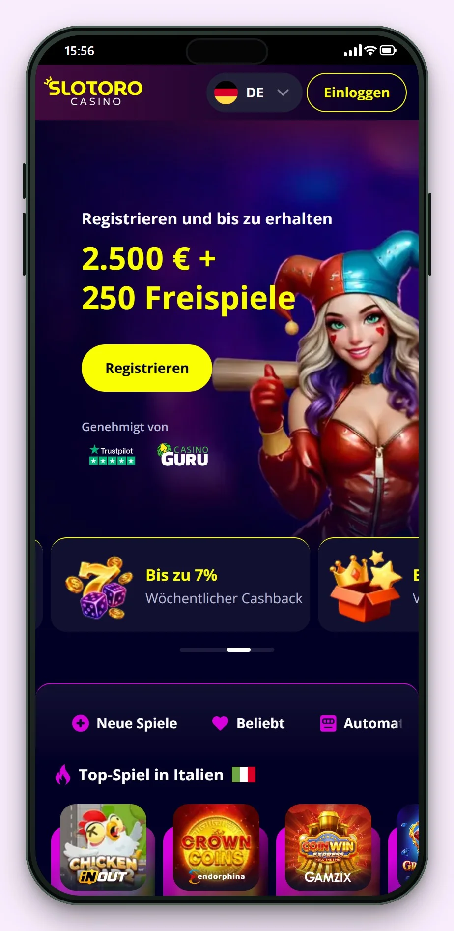 mga casinos: Slotoro auf dem Smartphone, die Lobby